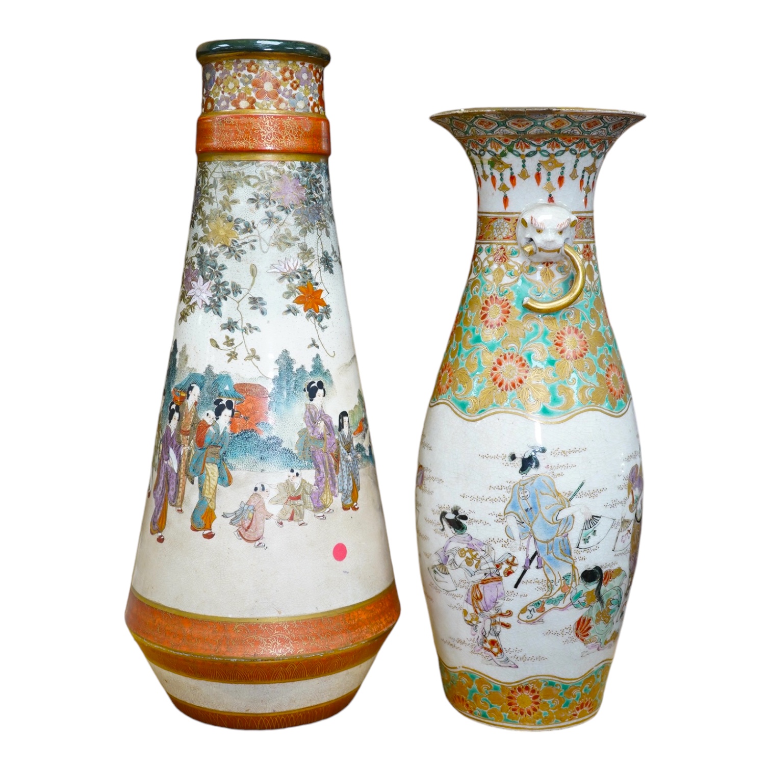 Two Japanese Satsuma vases, tallest 31cm high. Condition - both have damage